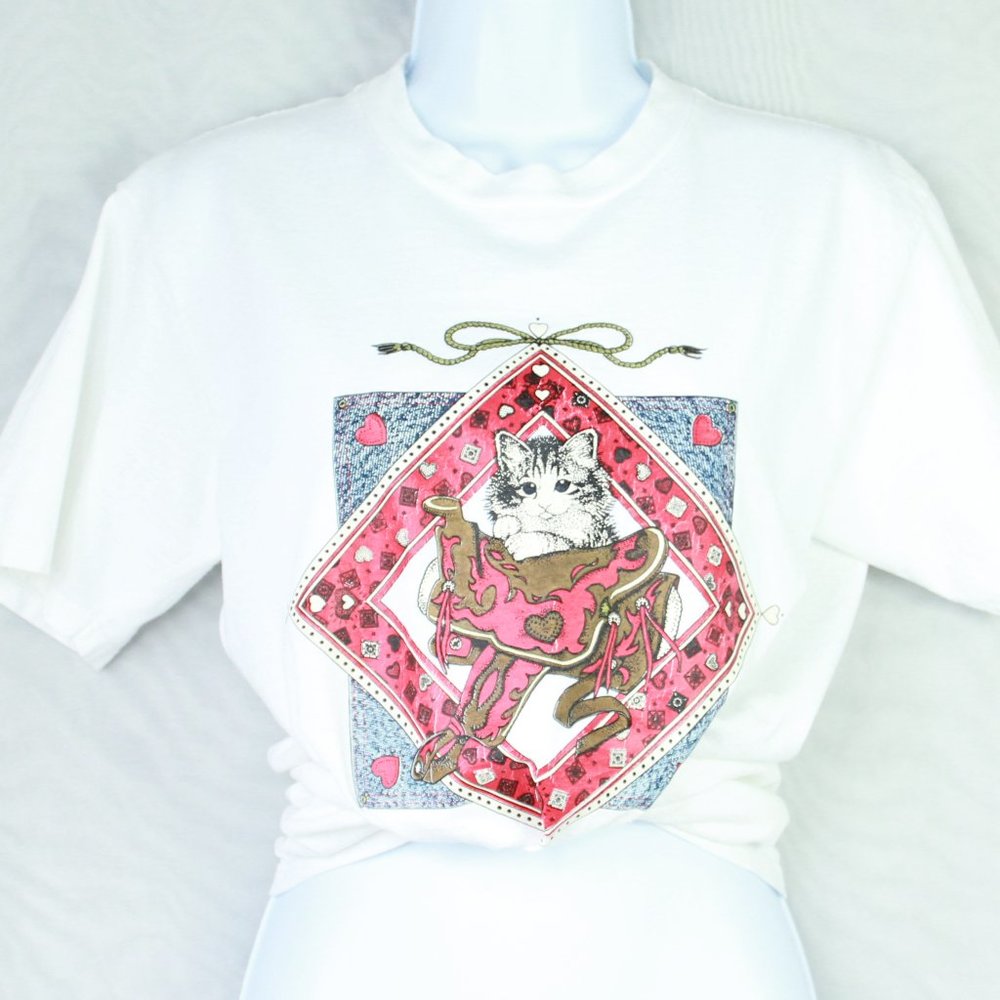 Vintage Kitty Cowboy Graphic Tshirt Red & White M